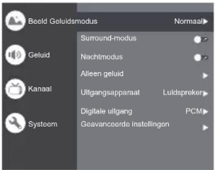 Beeld Geluidsmodus Normaal Geluid Surround-modus Nachtmodus Alleen geluid Kanaal Ultgangsapparaat Luldspreker Digitale uitgang PCM Systeem Geavanceerde instellingen