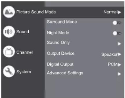 Picture Sound Mode Normal Surround Mode Sound Night Mode Sound Only Channel Output Device Speaker Digital Output PCM System Advanced Settings