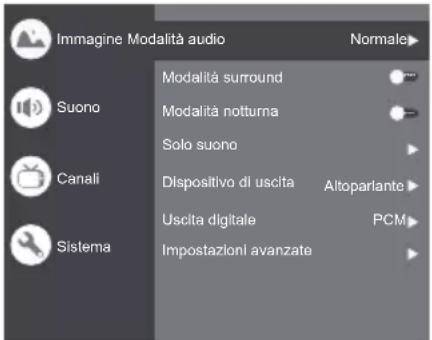Immagine Modalità audio Suono Canali Sistema Modalità surround Modalità notturna Solo suono Dispositivo di uscita Uscita digitale Impostazioni avanzate Normale Altoparlante PCM