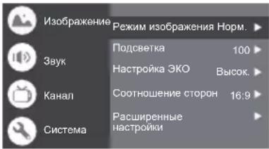 Изображение Режим изображения Норм. Звук Подсветка 100 Настройка ЭКО Высок. Канал Соотношение сторон 16:9 Расширенные настройки Система