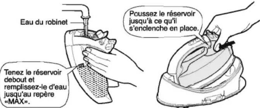 Eau du robinet Tenez le réservoir debout et remplissez-le d'eau jusqu'au repère "MAX". Poussez le réservoir jusqu'à ce qu'il s'enclenche en place.