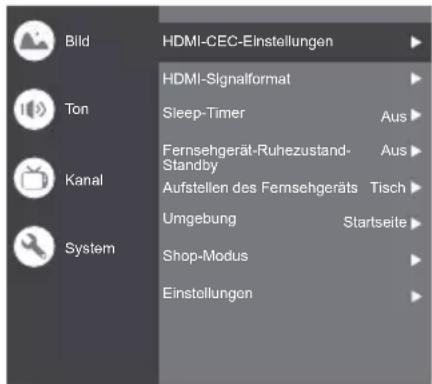 Bild HDMI-CEC-Einstellungen HDMI-Signalformat Sleep-Timer Aus Fernsehgerät-Ruhezustand- Standby Aus Aufstellen des Fernsehgeräts Tisch Umgebung Startseite Shop-Modus Einstellungen