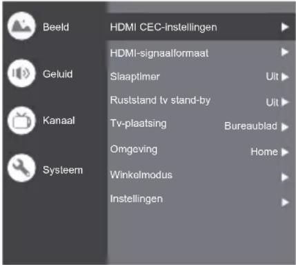 Beeld Geluid Kanaal Systeem HDMI CEC-instellingen HDMI-signaalformaat Slaaptimer Ruststand tv stand-by Tv-plaatsing Omgeving Winkelmodus Instellingen Uit Uit Bureaublad Home