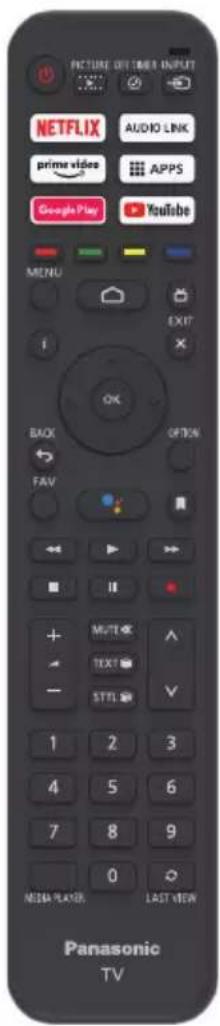 PICTURE OFF TIME INPUT NETFLIX AUDIO LINK prime video APPS Google Play Youtube MENU EXIT BACK ON FAV Multi TEXT STRI 1 2 3 4 5 6 7 8 9 0 MEDIA PLAYER LAST VIEW Panasonic TV