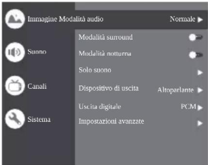Immagine Modalità audio Normala ▶ Sunno Modalità surround Mmodalità notturna Solo suono Canali Dispositivo di uscita Altoparlante ▶ Uscita digitale PCM Sistema Impostazioni avanzate