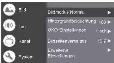 Bild Ton Kanal System Bildmodus Normal Hintergrundbeleuchtung 100 ÖKO-Einstellungen Hoch Bildseitenverhältnis 16:9 Erweiterte Einstellungen