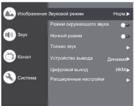 Изображение Звуковой режим Звук Режим окружающего звука Ночной режим Только звук Канал Устройство вывода Динамик Цифровой выход ИКМ Система Расширенные настройки