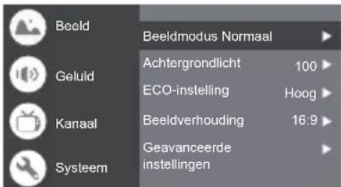 Beeld Geluid Kanaal Systeem Beeldmodus Normaal Achtergrondlicht 100 ECO-instelling Hoog Beeldverhouding 16:9 Geavanceerde instellingen