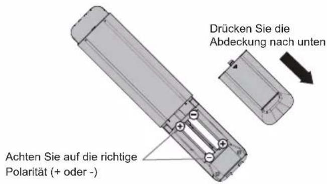 Drücken Sie die Abdeckung nach unten Achten Sie auf die richtige Polarität (+ oder -)