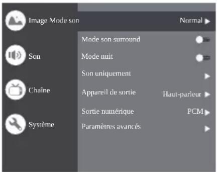 Image Mode son Normal Son Mode son surround Mode nuit Son uniquement Chaîne Appareil de sortie Haut-parleur Sortie numérique PCM Système Paramètres avancés