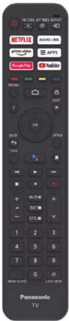 PICTURE OFFTIMES INPUT NETFLIX AUDIO LINK prime videos APPS Google Play YouTube MENU EXIT BACK OPTION TAV MUTE TEXT STTL 1 2 3 4 5 6 7 8 9 0 MEDIA PLAYER LAST VIEW Panasonic TV