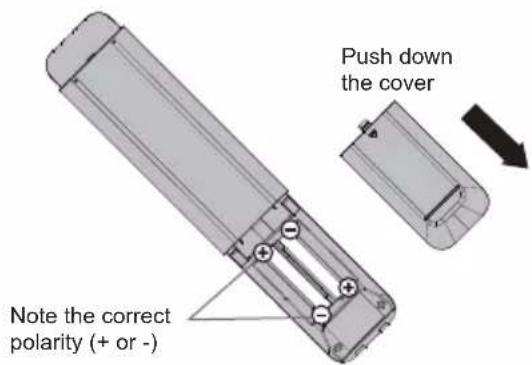 Push down the cover Note the correct polarity (+ or -)