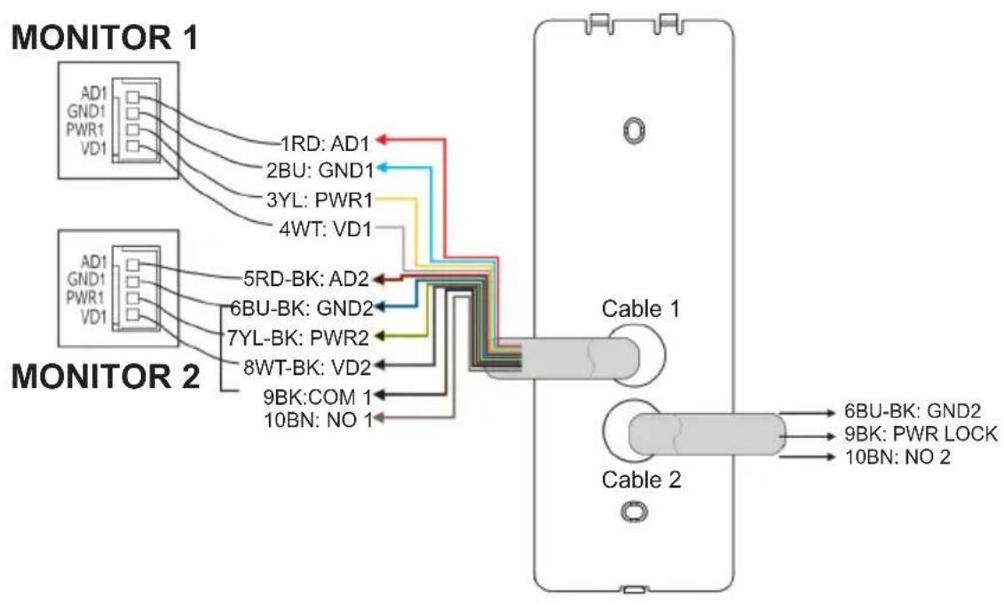 MONITOR 1 AD1 GND1 PWR1 VD1 1RD: AD1 2BU: GND1 3YL: PWR1 4WT: VD1 5RD-BK: AD2 6BU-BK: GND2 7YL-BK: PWR2 8WT-BK: VD2 9BK:COM 1 10BN: NO 1 Cable 1 MONITOR 2 6BU-BK: GND2 9BK: PWR LOCK 10BN: NO 2 Cable 2