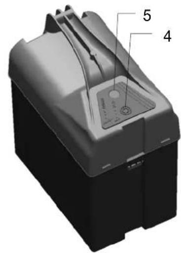Diagram of a battery casing with labeled parts 4 and 5, showing internal components and mounting points.