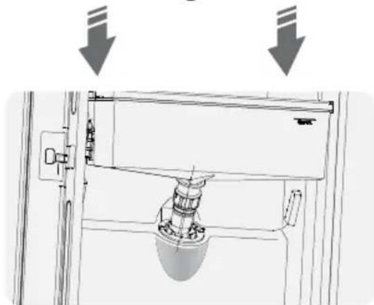 Technical line drawing of a mechanical assembly with two downward arrows indicating motion or force directions (no text or symbols present)