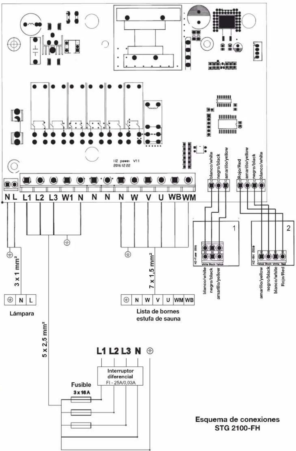 LIZ powei V11 2016 12 22 N L L1 L2 L3 W1 N N N N W V U WB WM 3 x 1 mm² 7 x 1,5 mm² Lámpara Lista de bornes estufa de sauna N W V U WM WB L1 L2 L3 N Fusible 3 x 16 A Interruptor diferencial FI - 25A/0,03A Esquema de conexiones STG 2100-FH