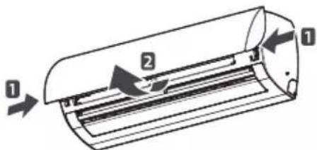 Diagram of a car air conditioner unit with labeled parts and directional arrows indicating airflow or movement.