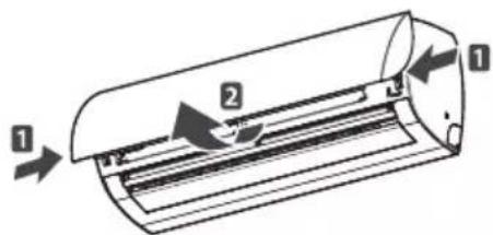 Diagram of a car air conditioner unit with labeled parts and directional arrows indicating airflow or movement.