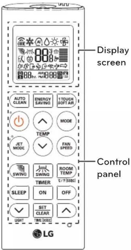 Display screen AUTO CLEAN ENERGY SAVING 1TOUCH SOFT AIR TEMP MODE JET MODE FAN SPEED SWING SWING ROOM TEMP TIMER C / F [SEC] SLEEP ON OFF SET CLEAR LIGHT TIME [SEC] Control panel LG