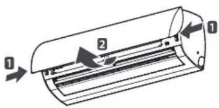 Diagram of a car air conditioner unit with labeled parts and directional arrows indicating airflow or movement.