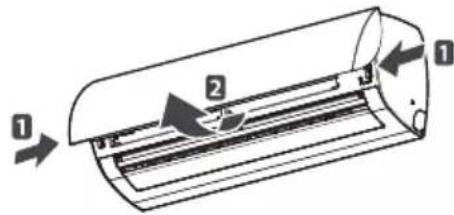 Diagram of a car air conditioner unit with labeled parts and directional arrows indicating airflow or movement.