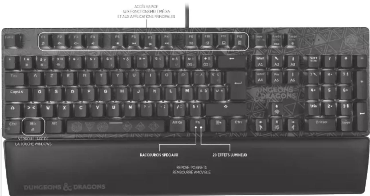 ACCÉS RAPICE AUX FONCTIONS MULTIMEVA ET AUX APPLICATIONS PRINCORALES VERROUILLAGE DE LA TOUCHE WINDOWS RACCOURCIS SPECIAUX 20 EFFETS LUMINEUX REPOSE-POIGNETS REMBOURRE AMOVIBLE DUNGEONS 20 DRAGONS