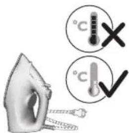 Image showing an iron (£) with temperature and checkmark indicators, alongside a thermometer and 'X' symbol.