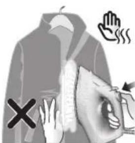 Safety warning illustration showing hand protection symbols with a cross and smoke icons