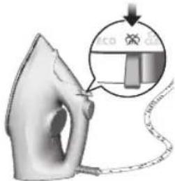 Diagram showing a steam iron being heated, with an inset illustrating the heating process and a magnified view of the iron electrode.