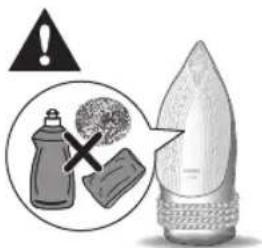 Warning symbol and product image showing a bottle, paintbrush, and tip with an exclamation mark