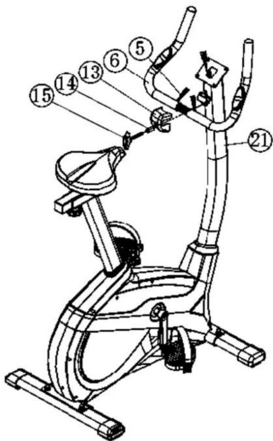 Technical diagram of a stationary exercise bike with numbered components for identification