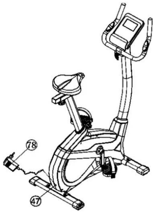 Technical line drawing of a stationary exercise bike with labeled components and parts