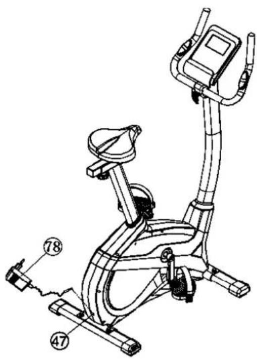 Technical line drawing of a stationary exercise bike with numbered components and labeled parts