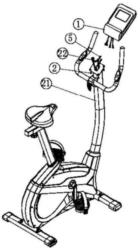 Technical diagram of an exercise bike with numbered components for identification