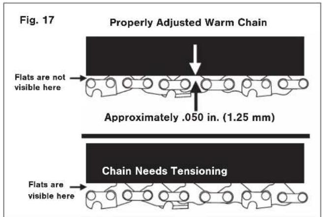 Fig. 17 Properly Adjusted Warm Chain Flats are not visible here Approximately .050 in. (1.25 mm) Flats are visible here Chain Needs Tensioning