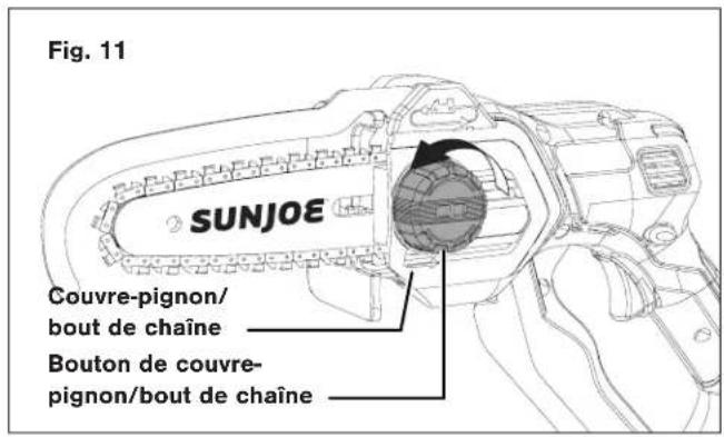 Fig. 11 SUNJOE Couvre-pignon/ bout de chaîne Bouton de couvre- pignon/bout de chaîne