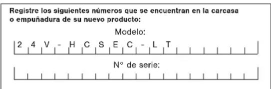 Registre los siguientes números que se encuentran en la carcasa o empuñadura de su nuevo producto: Modelo: 2 4 V - H C S E C - L T N° de serie: