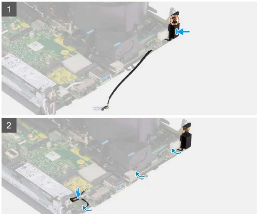Diagram showing two steps of a computer motherboard with cable and connectors, labeled 1 and 2, indicating process flow.