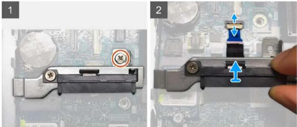Diagram showing two views of a computer motherboard with labeled components and directional arrows indicating movement or assembly.