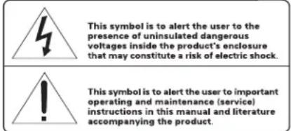 This symbol is to alert the user to the presence of uninsulated dangerous voltages inside the product's enclosure that may constitute a risk of electric shock. This symbol is to alert the user to important operating and maintenance (service) instructions in this manual and literature accompanying th…