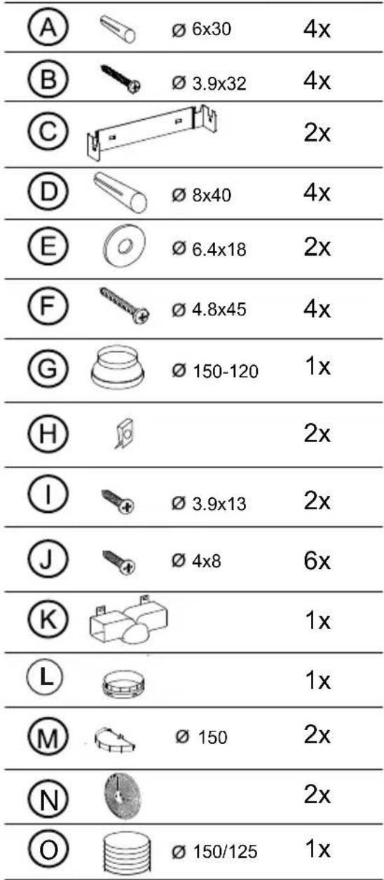 A Ø 6x30 4x B Ø 3.9x32 4x C 2x D Ø 8x40 4x E Ø 6.4x18 2x F Ø 4.8x45 4x G Ø 150-120 1x H 2x I Ø 3.9x13 2x J Ø 4x8 6x K 1x L 1x M Ø 150 2x N 2x O Ø 150/125 1x