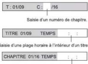 T : 01/09 C : /16 Saisie d'un numéro de chapitre. TITRE 01/09 TEMPS : : Saisie d'une plage horaire à l'intérieur d'un titre CHAPITRE 01/16 TEMPS : :