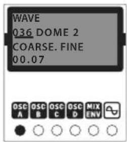 WAVE 036 DOME 2 COARSE. FINE 00.07 OSC A OSC B OSC C OSC D MIX ENV