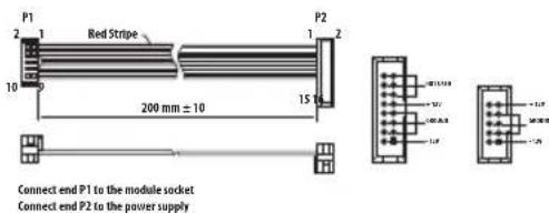 P1 2 1 Red Stripe P2 10 9 15 200 mm ± 10 Connect end P1 to the module socket Connect end P2 to the power supply