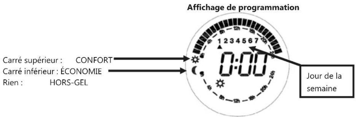 Affichage de programmation Carré supérieur : CONFORT Carré inférieur : ÉCONOMIE Rien : HORS-GEL 0:00 0:00 Jour de la semaine