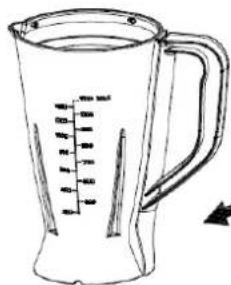 Line drawing of a measuring cup with measurement markings and an arrow indicating direction