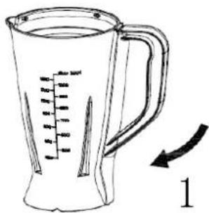 Diagram of a pitcher with measurement markings and an arrow indicating rotation, labeled '1'
