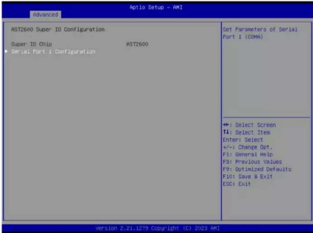 Optio Setup - AMI Advanced AST2600 Super IO Configuration Super IO Chip AST2600 Serial Port 1 Configuration Set Parameters of Serial Port 1 (COMA) +: Select Screen ↑↓: Select Item Enter: Select +/-: Change Opt. F1: General Help F3: Previous Values F9: Optimized Defaults F10: Save & Exit ESC: Exit Version 2.21.1279 Copyright (C) 2023 AMI