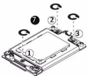 Diagram of a computer processor with numbered components and rotation arrows indicating assembly steps
