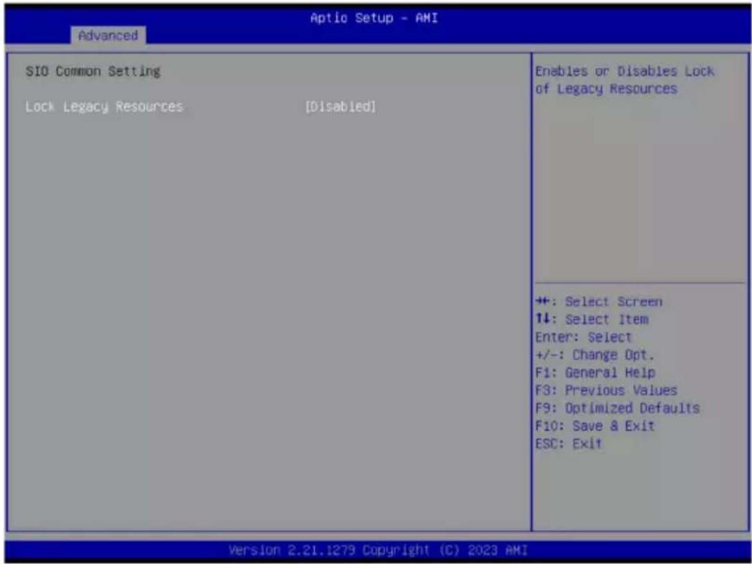 Aptio Setup - AMI Advanced SIO Common Setting Lock Legacy Resources [Disabled] Enables or Disables Lock of Legacy Resources +: Select Screen 14: Select Item Enter: Select +/-: Change Opt. F1: General Help F3: Previous Values F9: Optimized Defaults F10: Save & Exit ESC: Exit Version 2.21.1279 Copyright (C) 2023 AMI